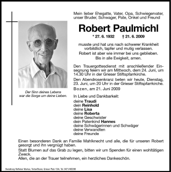 Traueranzeige von Robert Paulmichl von Dolomiten