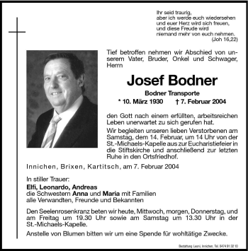 Traueranzeige von Josef Bodner von Dolomiten