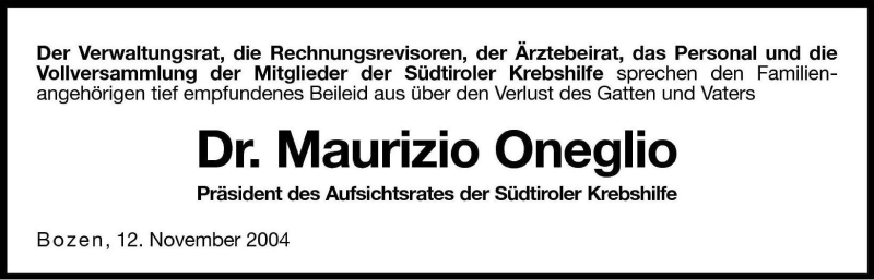  Traueranzeige für Maurizio Oneglio vom 12.11.2004 aus Dolomiten