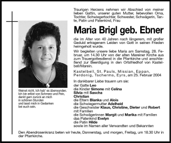 Traueranzeige von Maria Brigl von Dolomiten