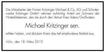 Traueranzeigen von Michael Kritzinger sen. | Trauer.bz