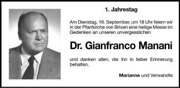 Traueranzeige von Gianfranco Manani von Dolomiten