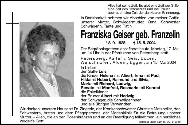  Traueranzeige für Franziska Geiser vom 17.05.2004 aus Dolomiten