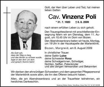 Traueranzeige von Vinzenz Poli von Dolomiten