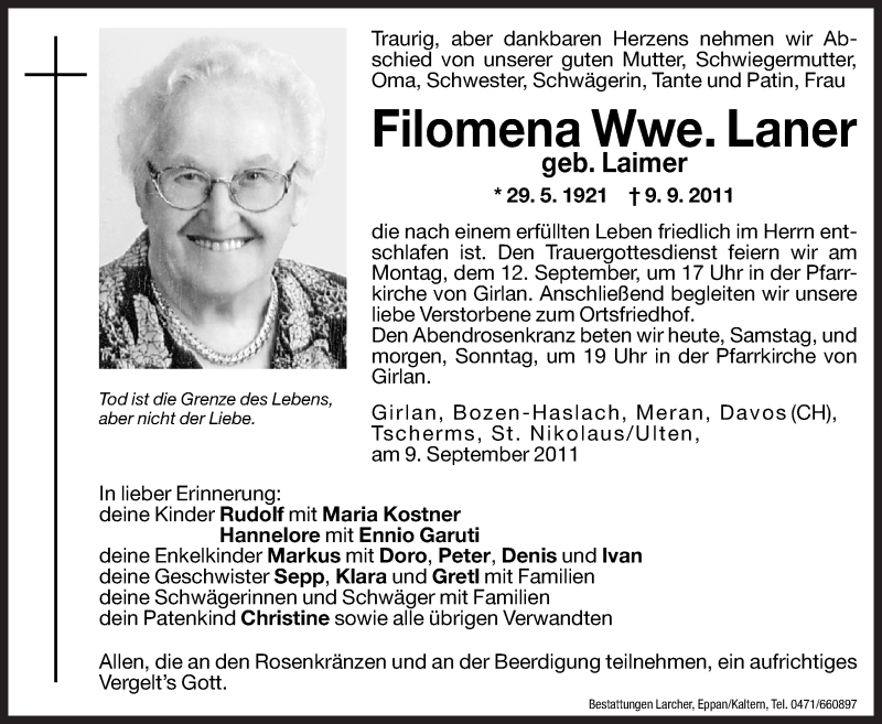  Traueranzeige für Filomena Laner vom 10.09.2011 aus Dolomiten