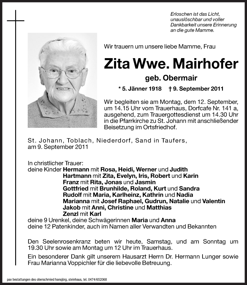  Traueranzeige für Zita Mairhofer vom 10.09.2011 aus Dolomiten