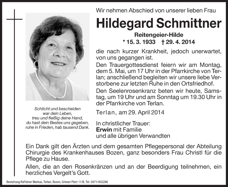  Traueranzeige für Hildegard Schmittner vom 03.05.2014 aus Dolomiten