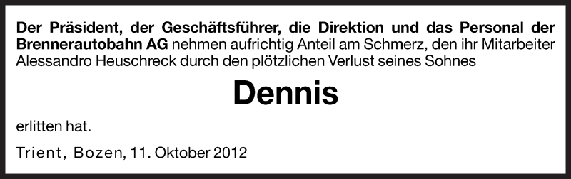  Traueranzeige für Dennis Heuschreck vom 11.10.2012 aus Dolomiten