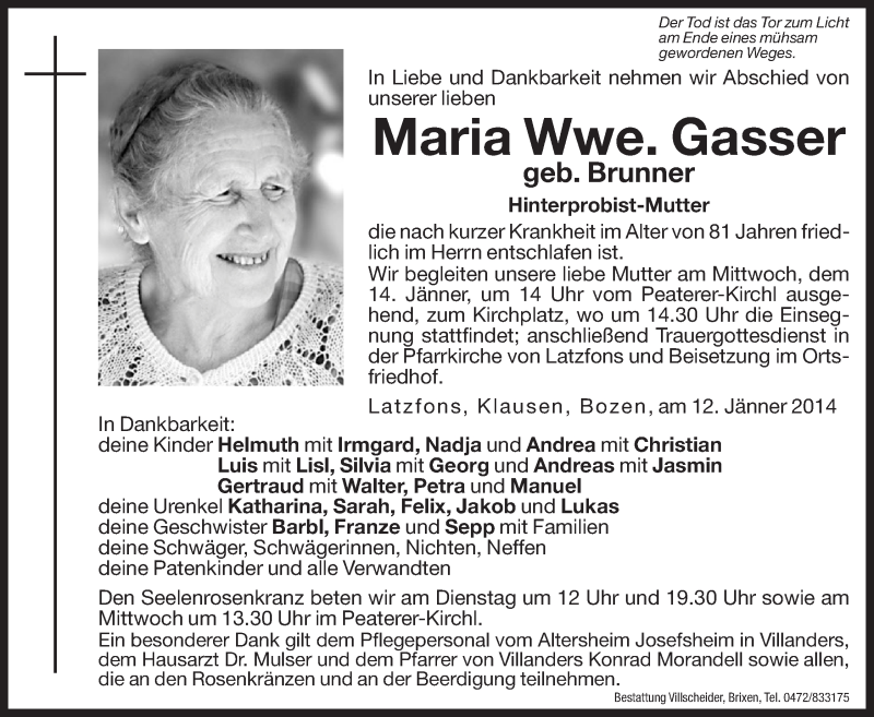  Traueranzeige für Maria Gasser vom 14.01.2014 aus Dolomiten