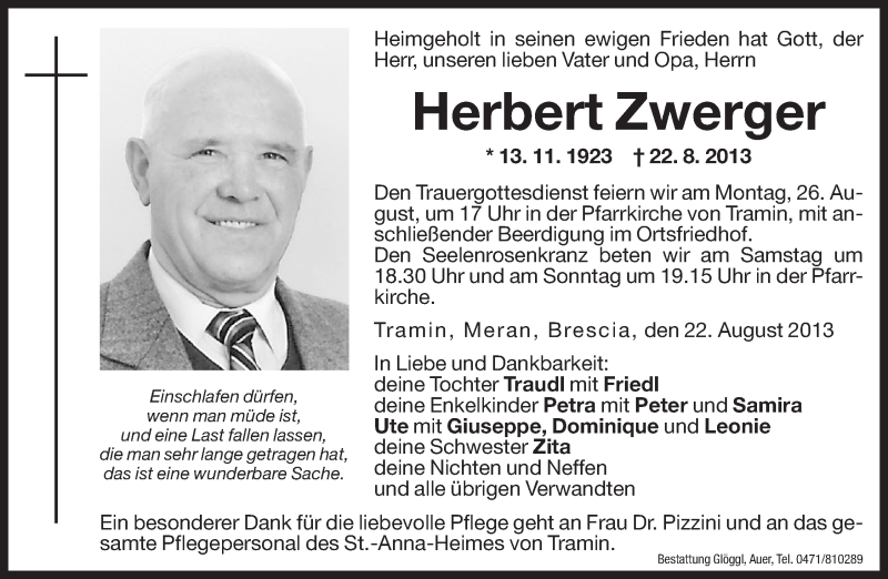  Traueranzeige für Herbert Zwerger vom 23.08.2013 aus Dolomiten