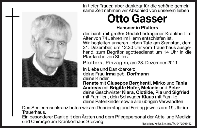  Traueranzeige für Otto Gasser vom 29.12.2011 aus Dolomiten