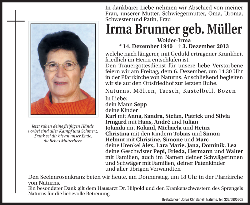  Traueranzeige für Irma Brunner vom 05.12.2013 aus Dolomiten