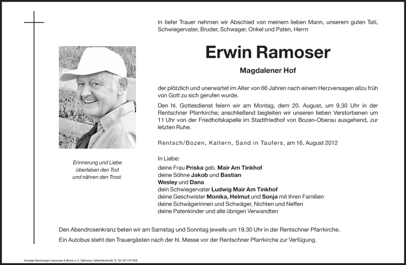  Traueranzeige für Erwin Ramoser vom 18.08.2012 aus Dolomiten