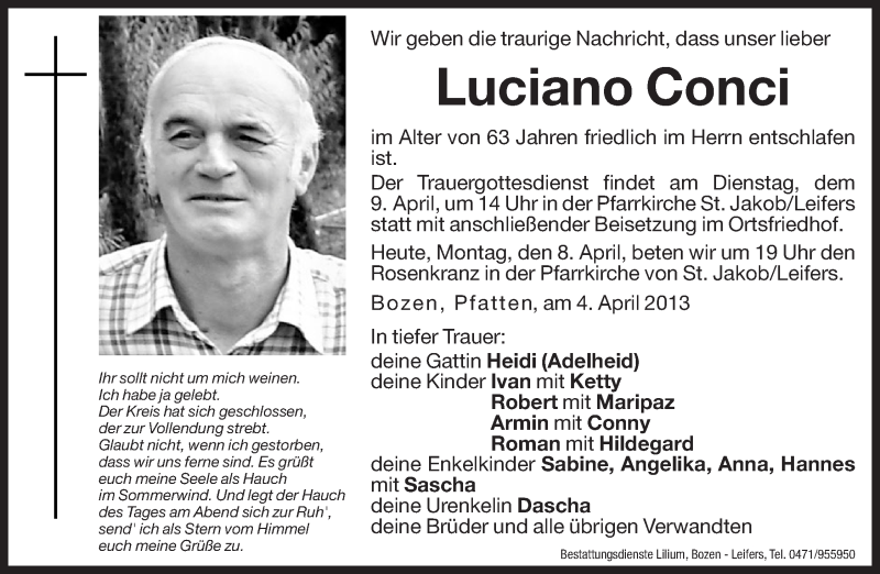  Traueranzeige für Luciano Conci vom 08.04.2013 aus Dolomiten