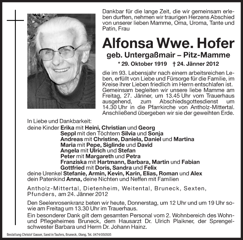  Traueranzeige für Alfonsa Untergaßmair vom 26.01.2012 aus Dolomiten