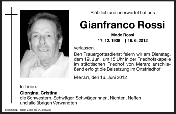 Traueranzeige von Gianfranco Rossi von Dolomiten