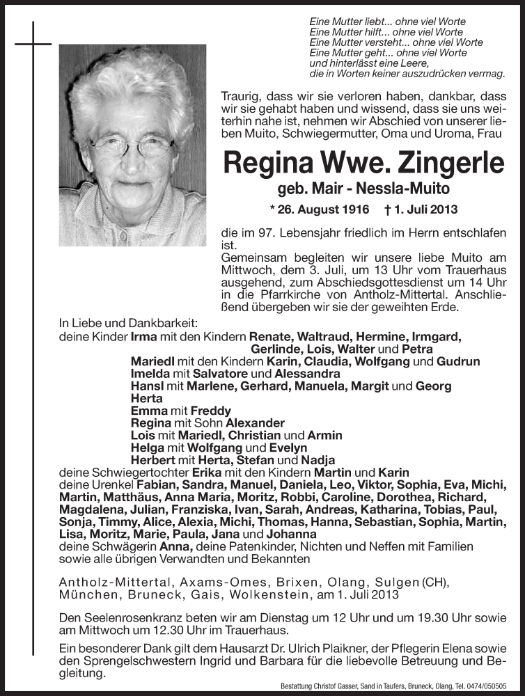  Traueranzeige für Regina Zingerle vom 02.07.2013 aus Dolomiten