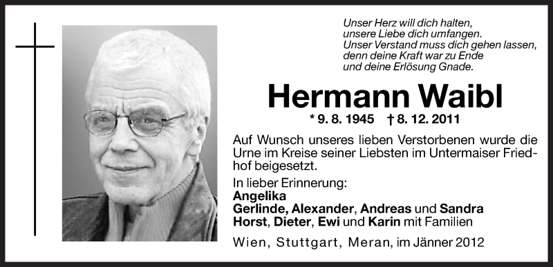  Traueranzeige für Hermann Waibl vom 10.01.2012 aus Dolomiten