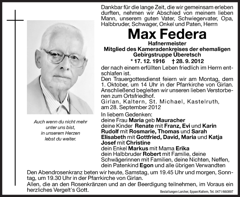  Traueranzeige für Max Federa vom 29.09.2012 aus Dolomiten