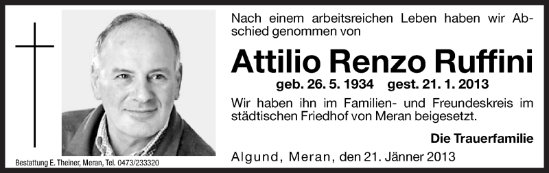  Traueranzeige für Attilio Renzo Ruffini vom 25.01.2013 aus Dolomiten