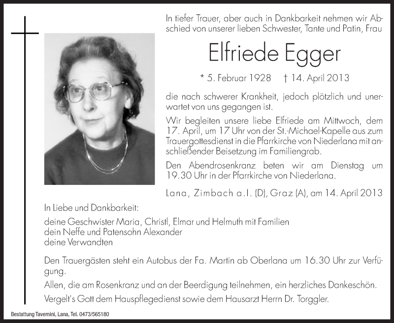 Traueranzeigen von Elfriede Egger | Trauer.bz