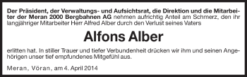 Traueranzeige von Alfons Alber von Dolomiten