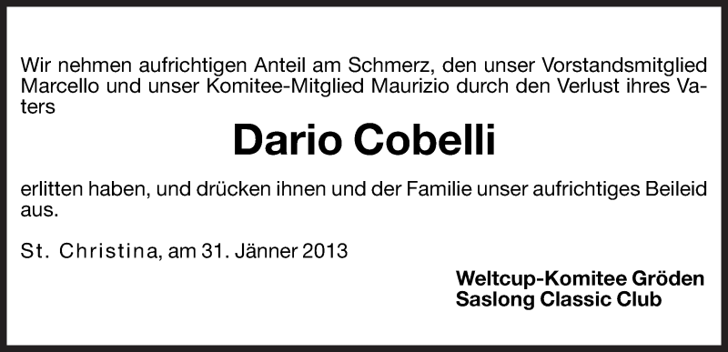  Traueranzeige für Dario Cobelli vom 01.02.2013 aus Dolomiten