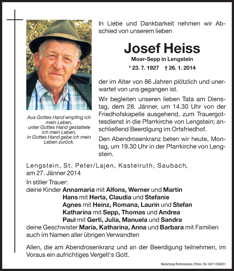  Traueranzeige für Josef Heiss vom 27.01.2014 aus Dolomiten