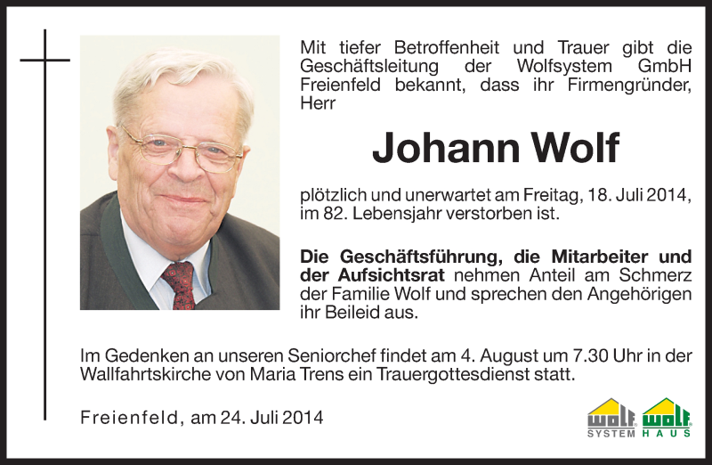  Traueranzeige für Johann Wolf vom 24.07.2014 aus Dolomiten