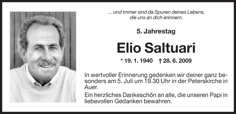  Traueranzeige für Elio Saltuari vom 28.06.2014 aus Dolomiten