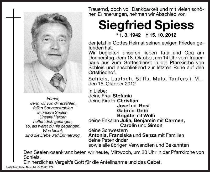  Traueranzeige für Siegfried Spiess vom 17.10.2012 aus Dolomiten