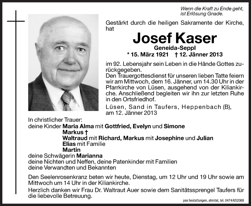  Traueranzeige für Josef Kaser vom 15.01.2013 aus Dolomiten