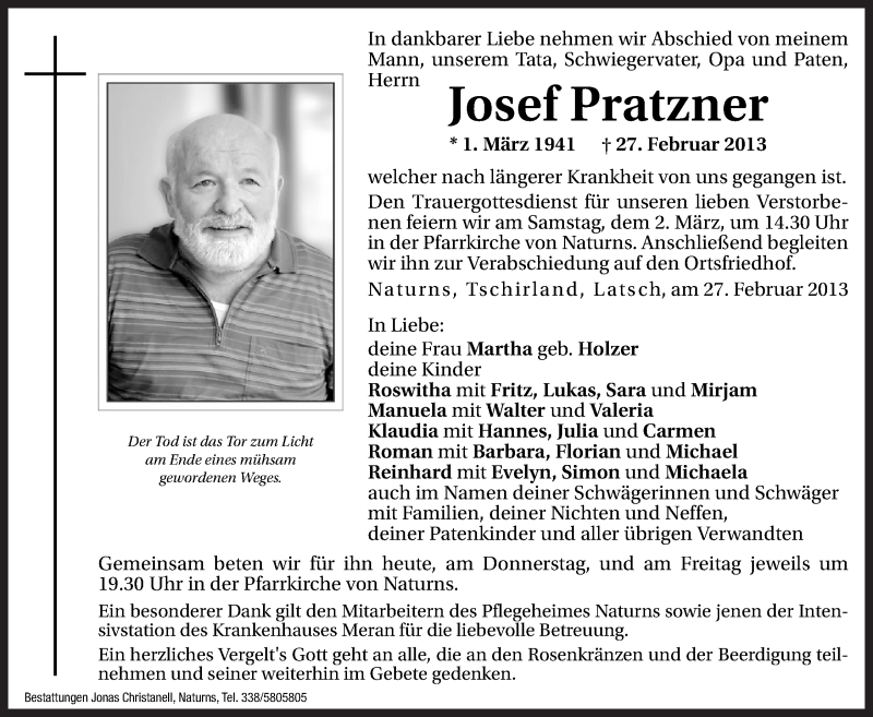  Traueranzeige für Josef Pratzner vom 28.02.2013 aus Dolomiten