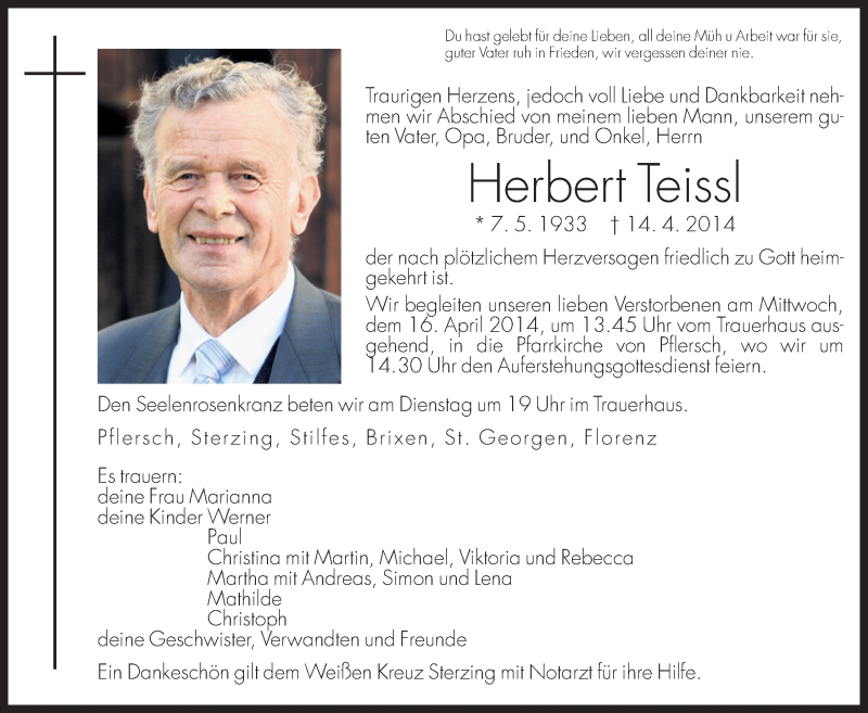  Traueranzeige für Herbert Teissl vom 15.04.2014 aus Dolomiten