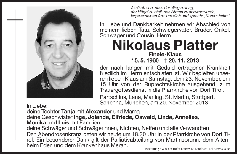  Traueranzeige für Nikolaus Platter vom 22.11.2013 aus Dolomiten