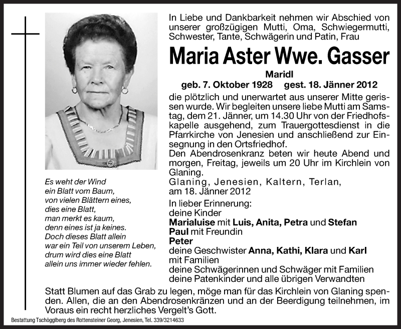  Traueranzeige für Maria Gasser vom 19.01.2012 aus Dolomiten