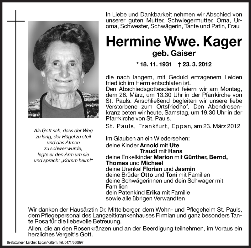  Traueranzeige für Hermine  Kager vom 24.03.2012 aus Dolomiten