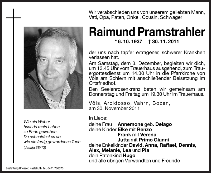  Traueranzeige für Raimund Pramstrahler vom 01.12.2011 aus Dolomiten