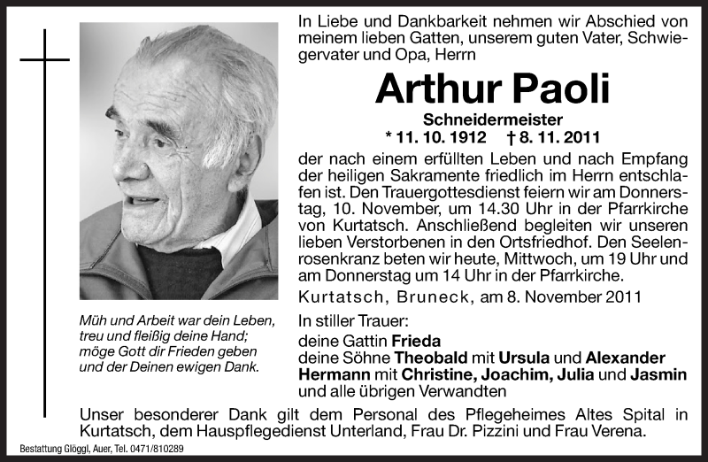  Traueranzeige für Arthur Paoli vom 09.11.2011 aus Dolomiten