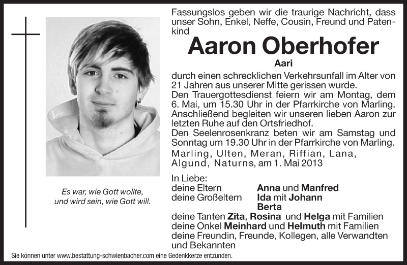  Traueranzeige für Aaron Oberhofer vom 03.05.2013 aus Dolomiten