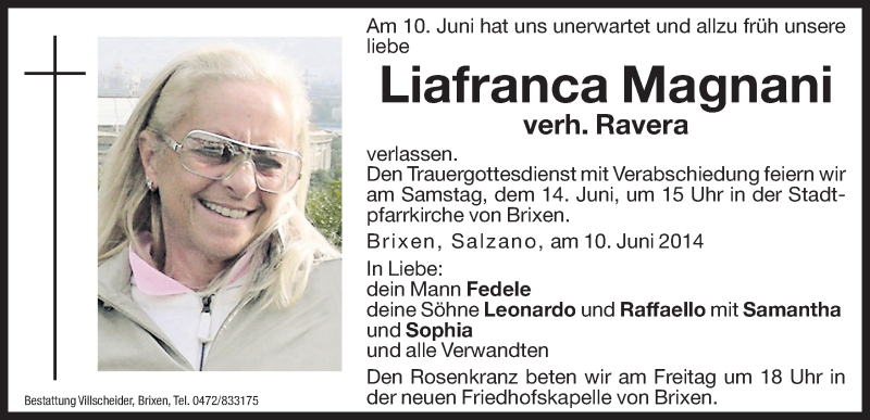  Traueranzeige für Liafranca Ravera vom 12.06.2014 aus Dolomiten