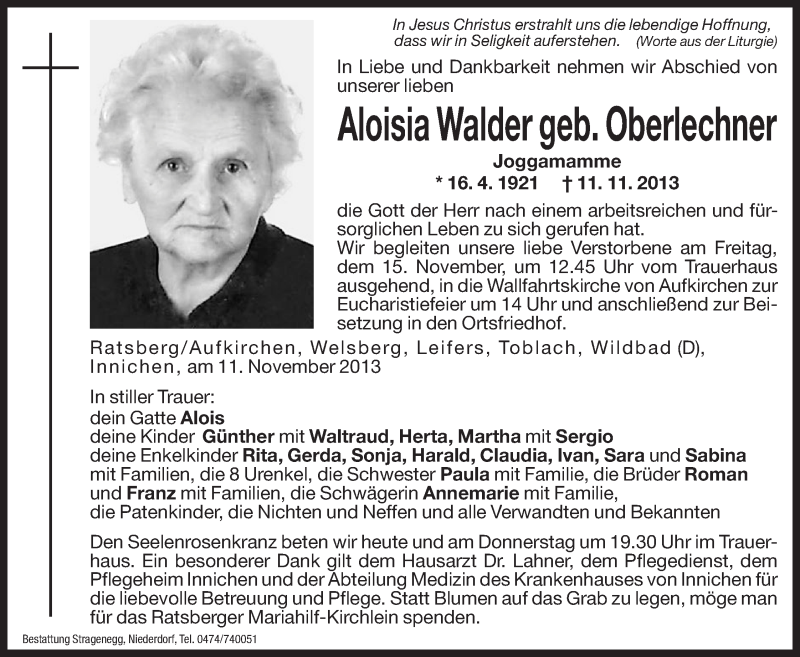  Traueranzeige für Aloisia Walder vom 13.11.2013 aus Dolomiten