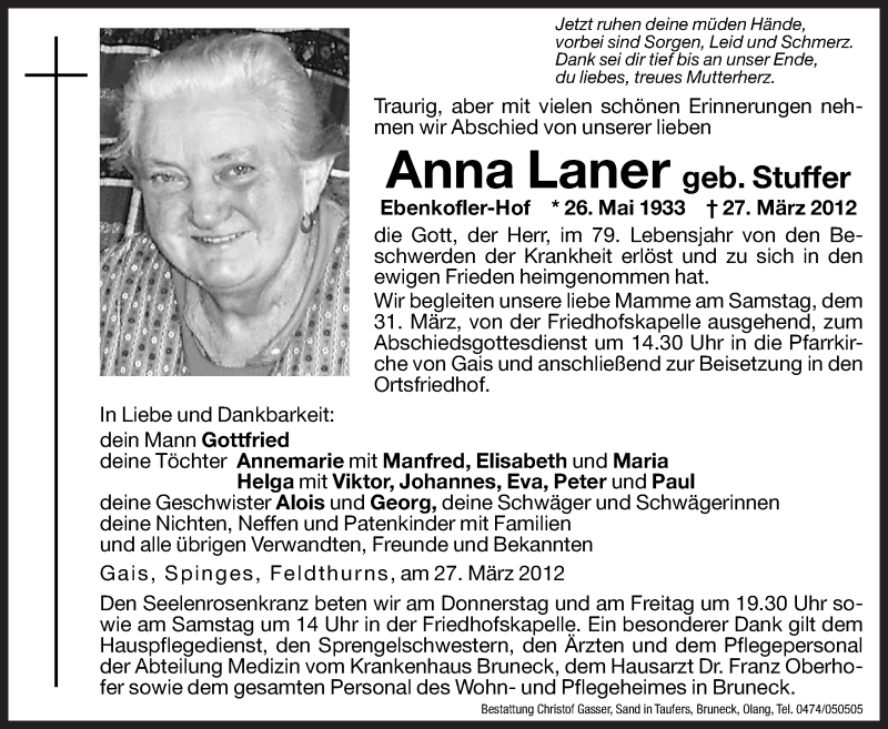  Traueranzeige für Anna Laner vom 28.03.2012 aus Dolomiten