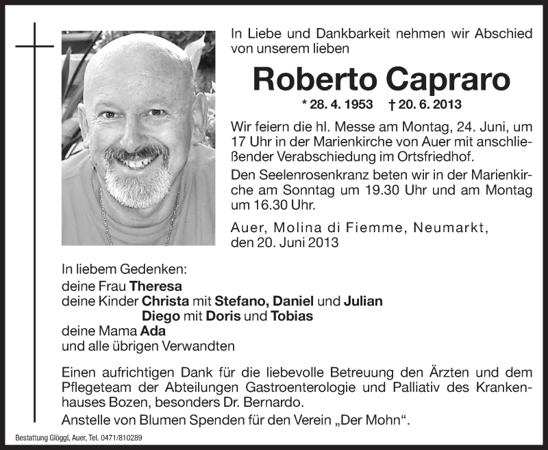  Traueranzeige für Roberto Capraro vom 22.06.2013 aus Dolomiten