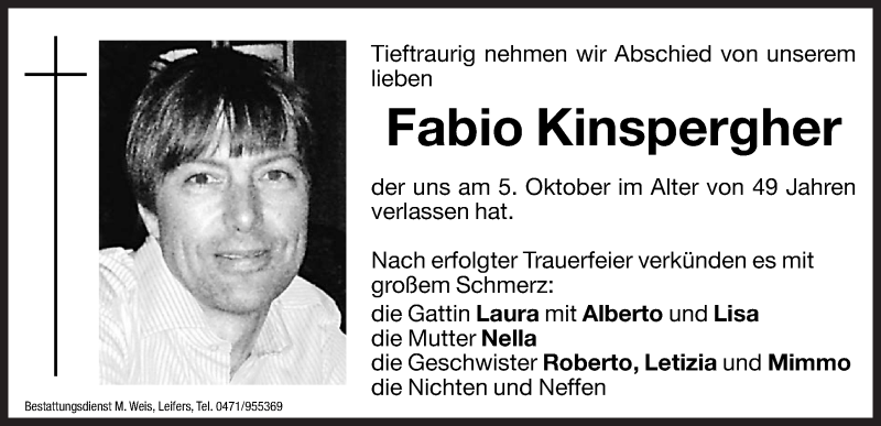  Traueranzeige für Fabio Kinspergher vom 09.10.2012 aus Dolomiten