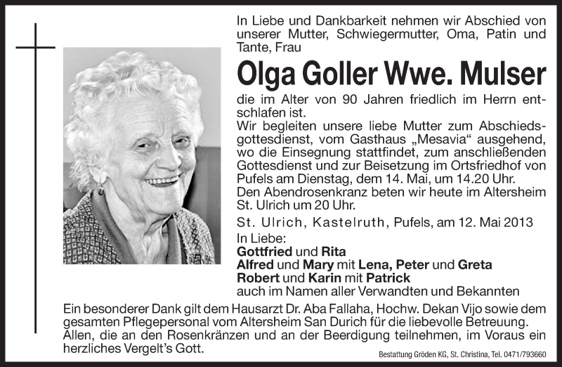  Traueranzeige für Olga Mulser vom 13.05.2013 aus Dolomiten