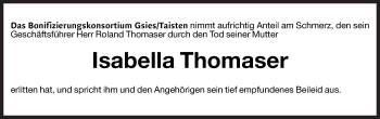 Traueranzeige von Isabella Thomaser von Dolomiten