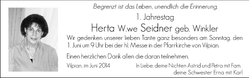  Traueranzeige für Herta Seidner vom 30.05.2014 aus Dolomiten