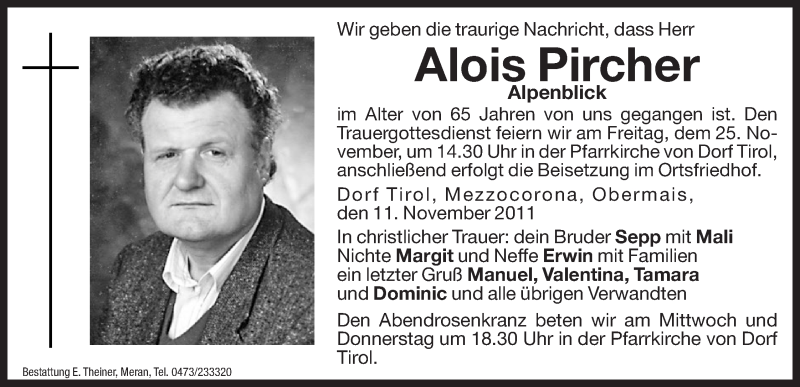  Traueranzeige für Alois Pircher vom 23.11.2011 aus Dolomiten