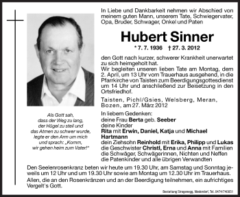 Traueranzeige von Hubert Sinner von Dolomiten